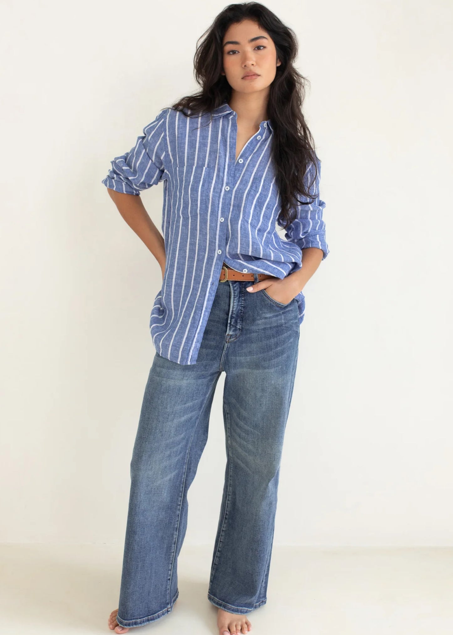 HUT - Boyfriend Linen Shirt Marine Stripe