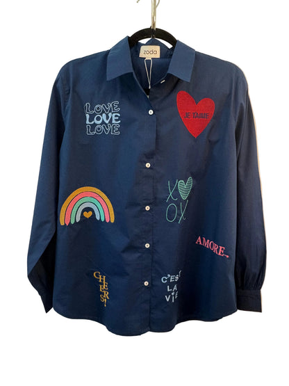 ZODA - Embroidered Cotton Blouse, Navy