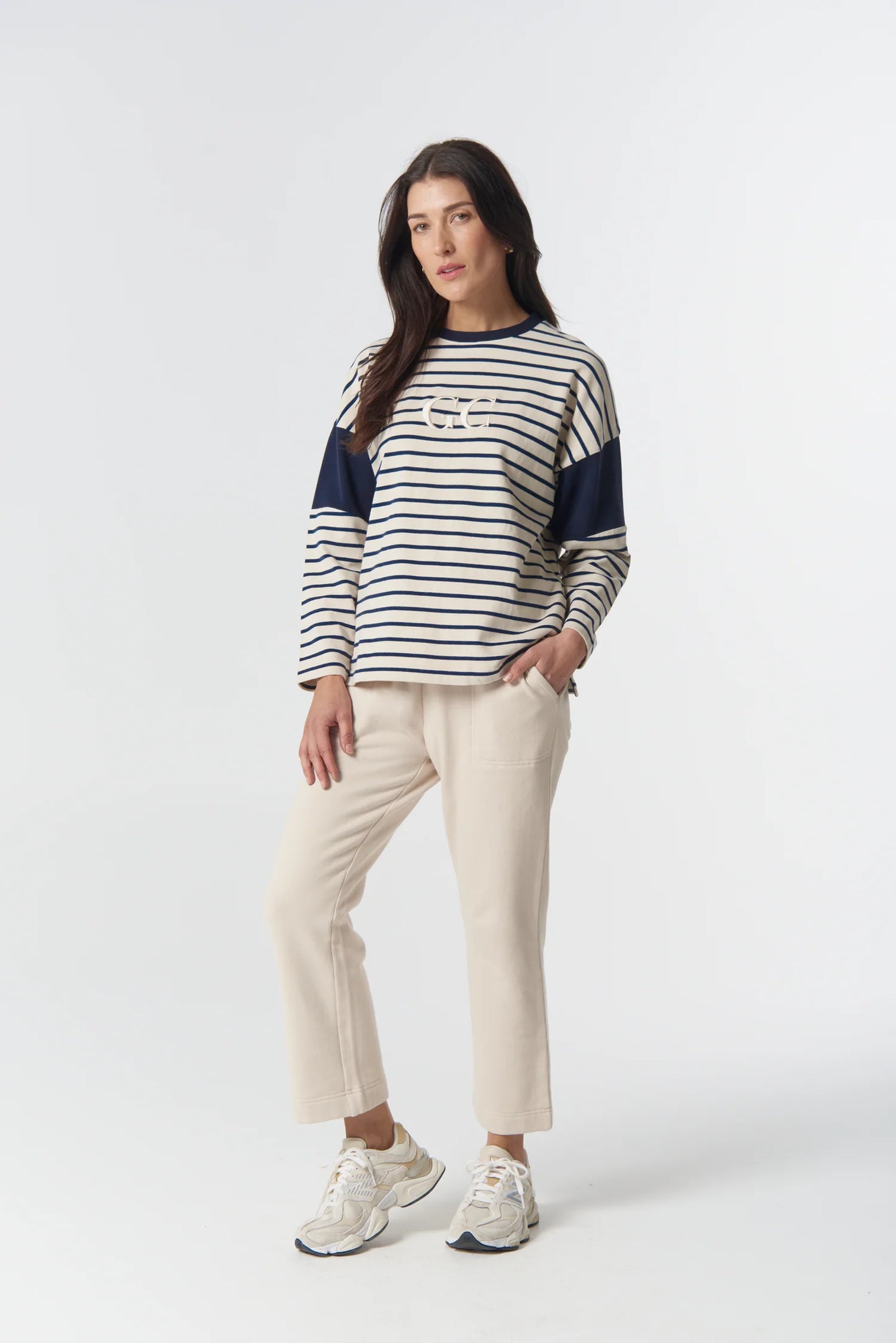 Goondiwindi Cotton - GC Logo Stripe Cotton Sweater - Birch/Dark Navy