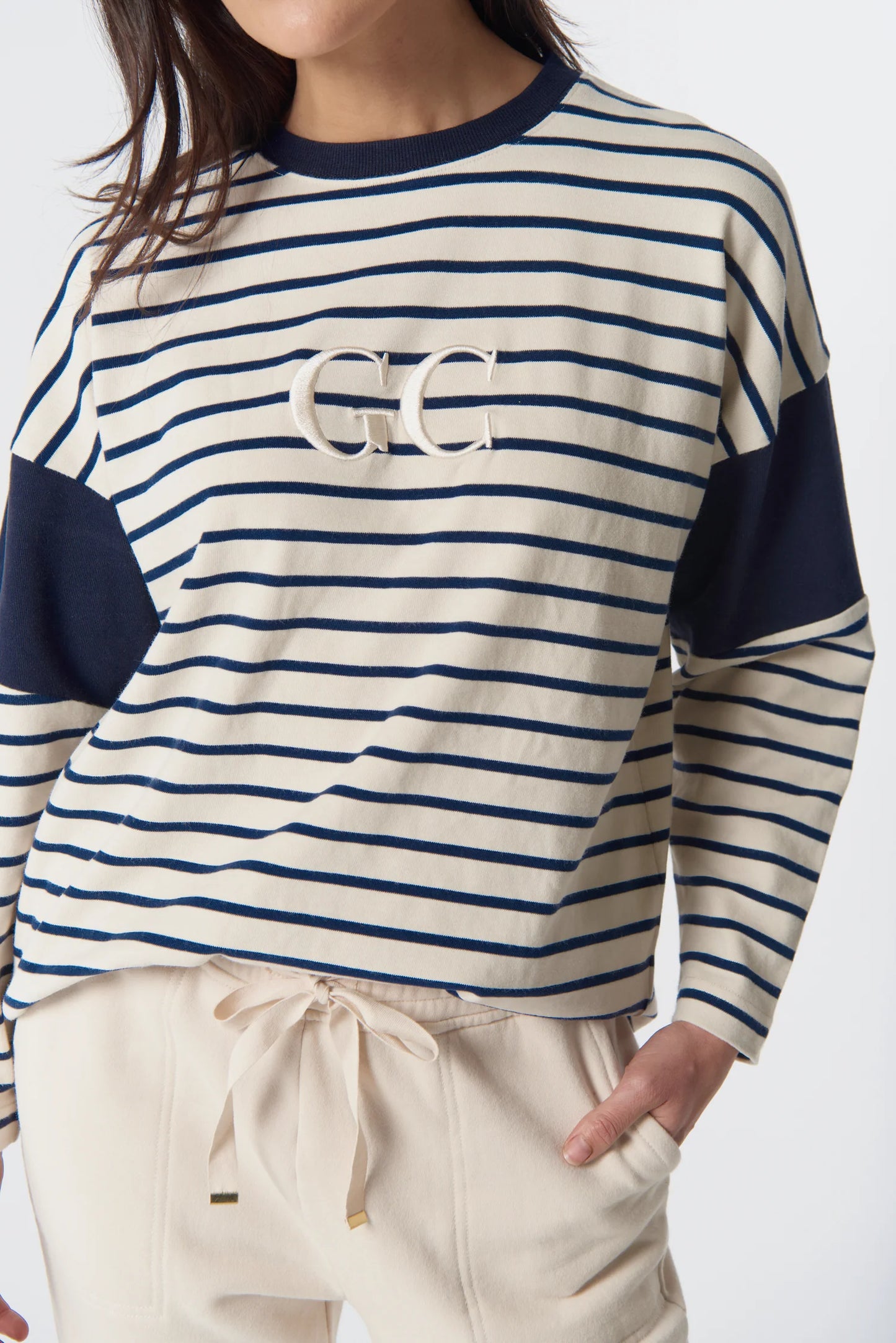 Goondiwindi Cotton - GC Logo Stripe Cotton Sweater - Birch/Dark Navy
