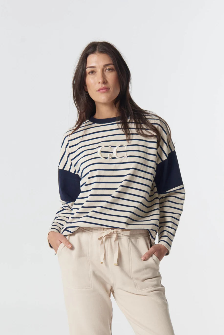 Goondiwindi Cotton - GC Logo Stripe Cotton Sweater - Birch/Dark Navy