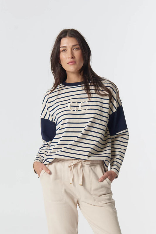 Goondiwindi Cotton - GC Logo Stripe Cotton Sweater - Birch/Dark Navy