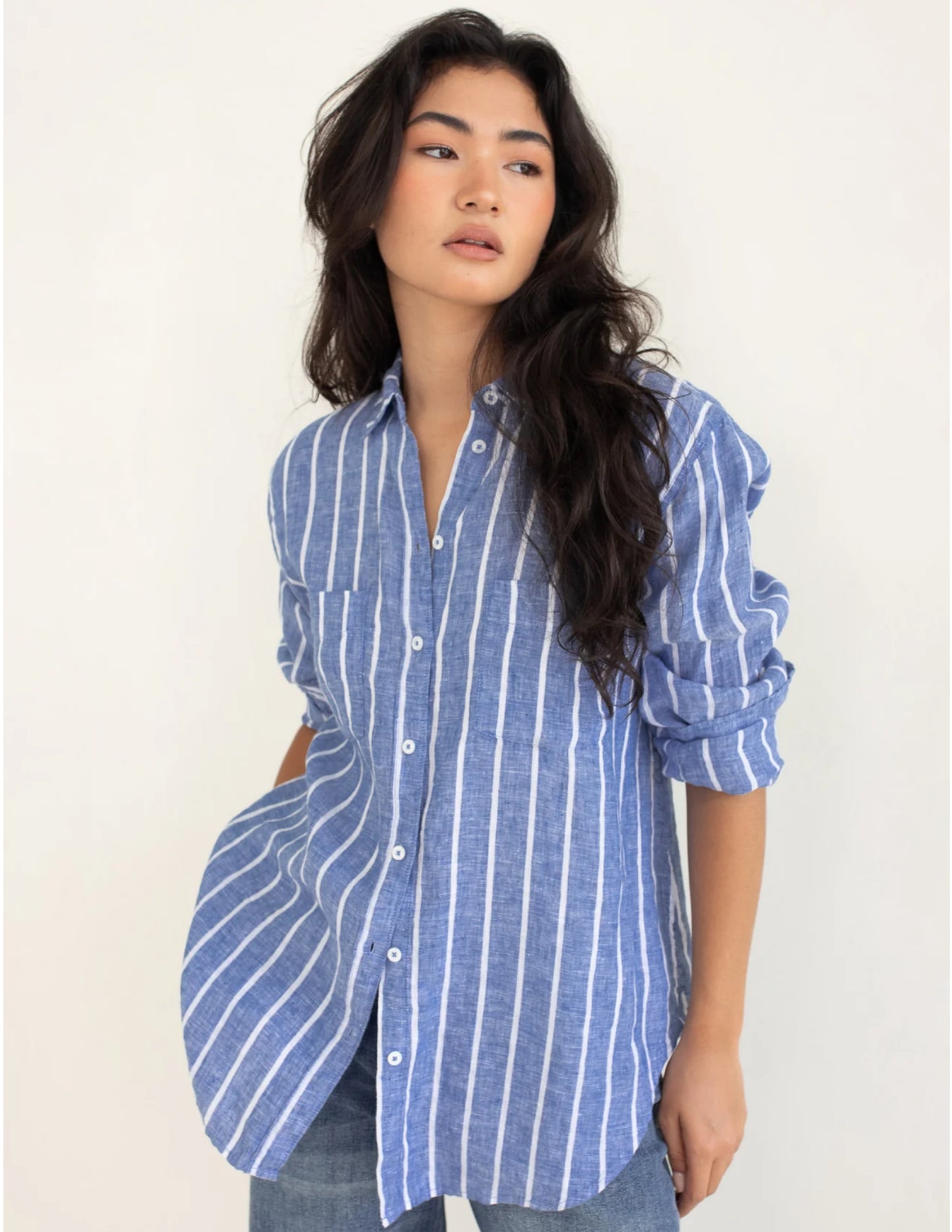 HUT - Boyfriend Linen Shirt Marine Stripe
