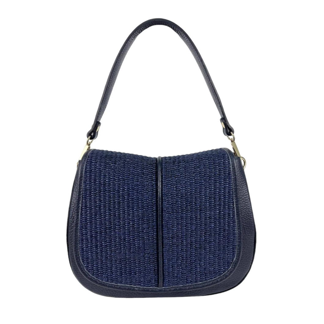 L'ora D'oro - ARTIE Navy Leather + Raffia Shoulder Bag