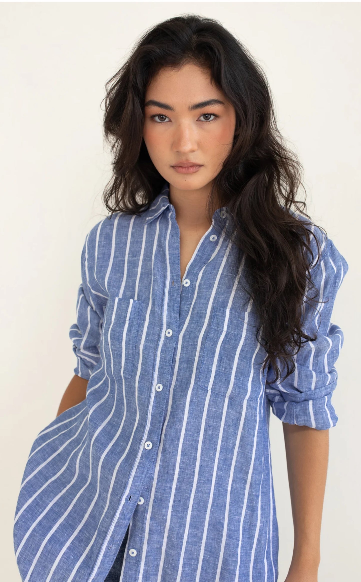 HUT - Boyfriend Linen Shirt Marine Stripe
