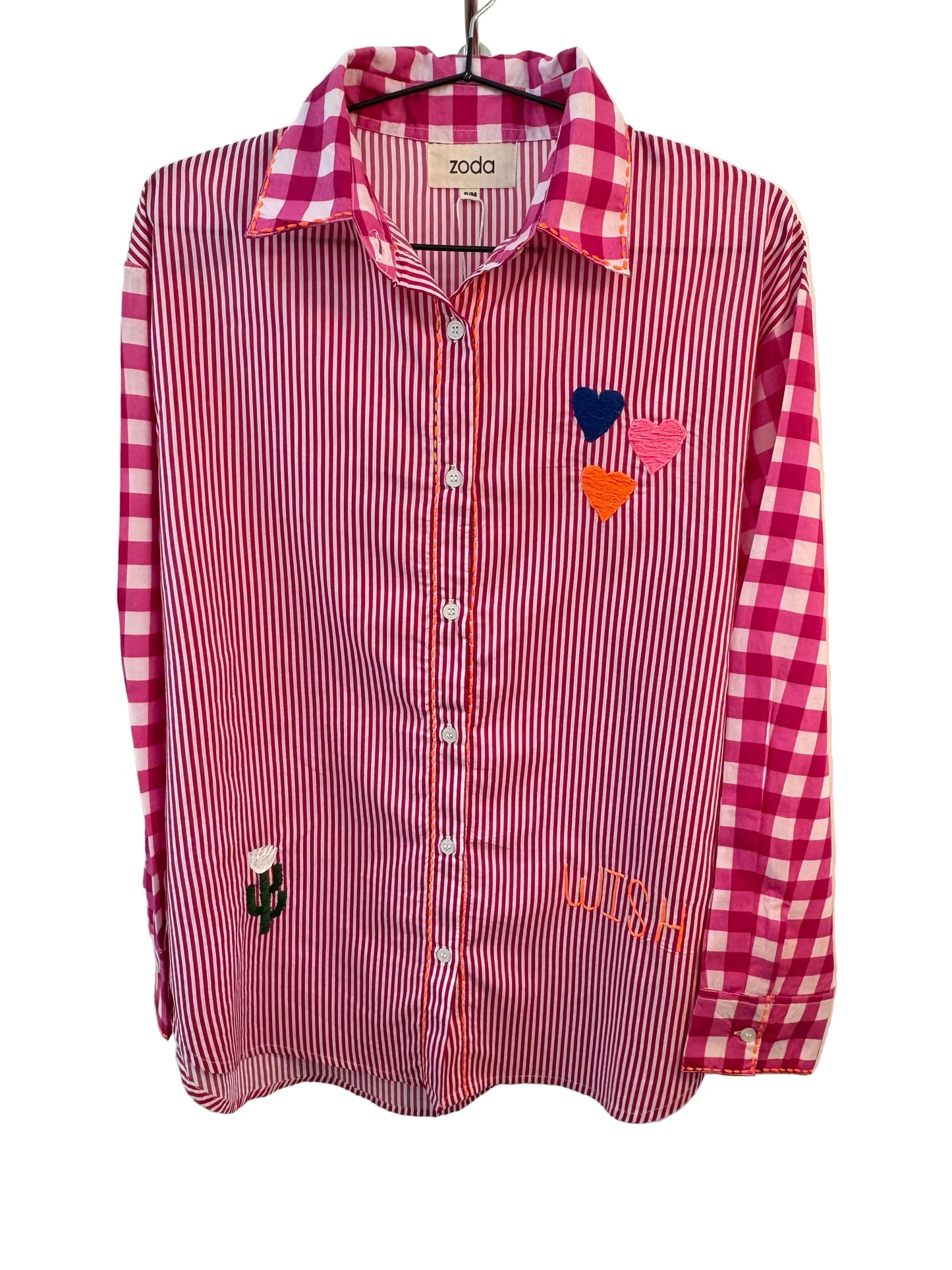 ZODA - Embroidered Cotton Blouse, Hot Pink/Whte