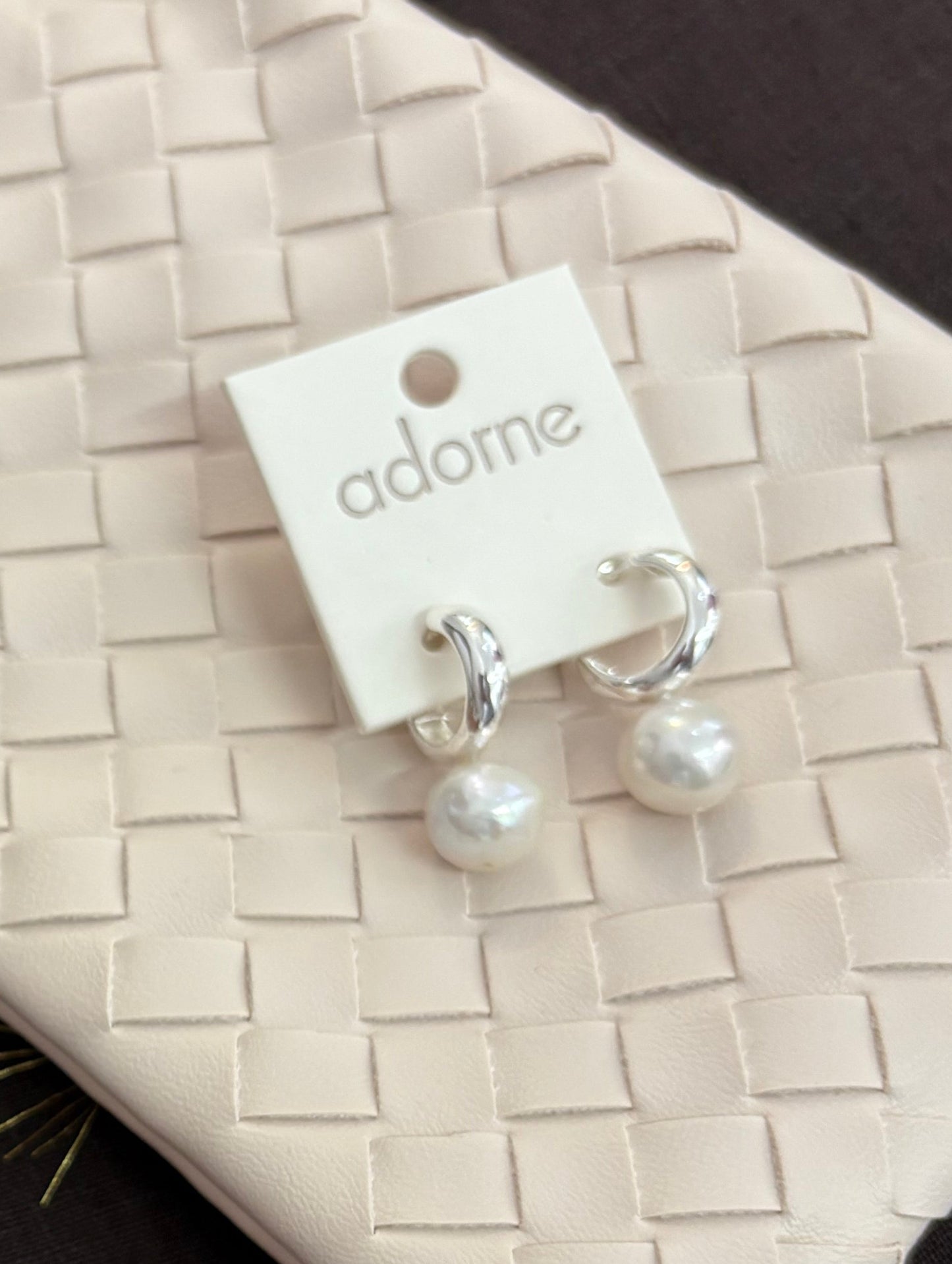 adorne - Marina Pearl Drop Chubby Hoops (Silver/Cream)