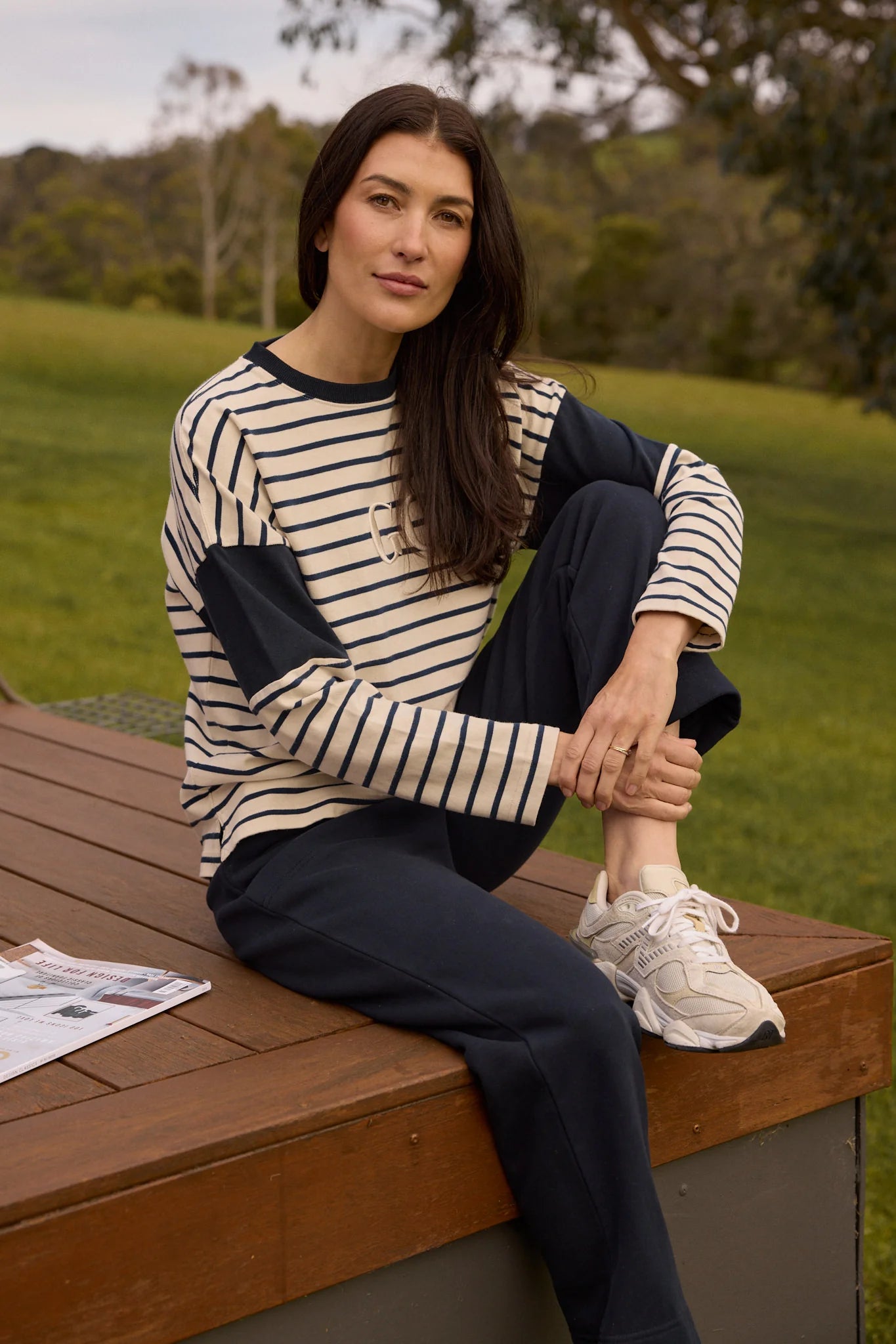 Goondiwindi Cotton - GC Logo Stripe Cotton Sweater - Birch/Dark Navy