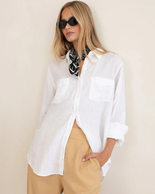 HUT - Boyfriend Linen Shirt White Two Pocket