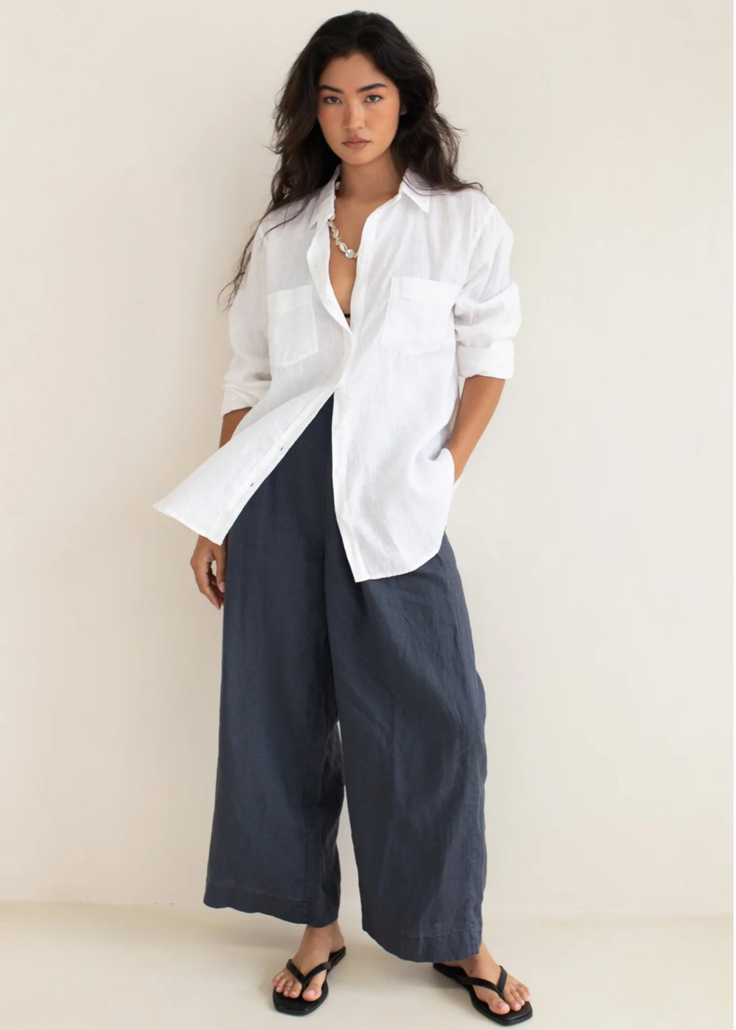 HUT - Boyfriend Linen Shirt White Two Pocket