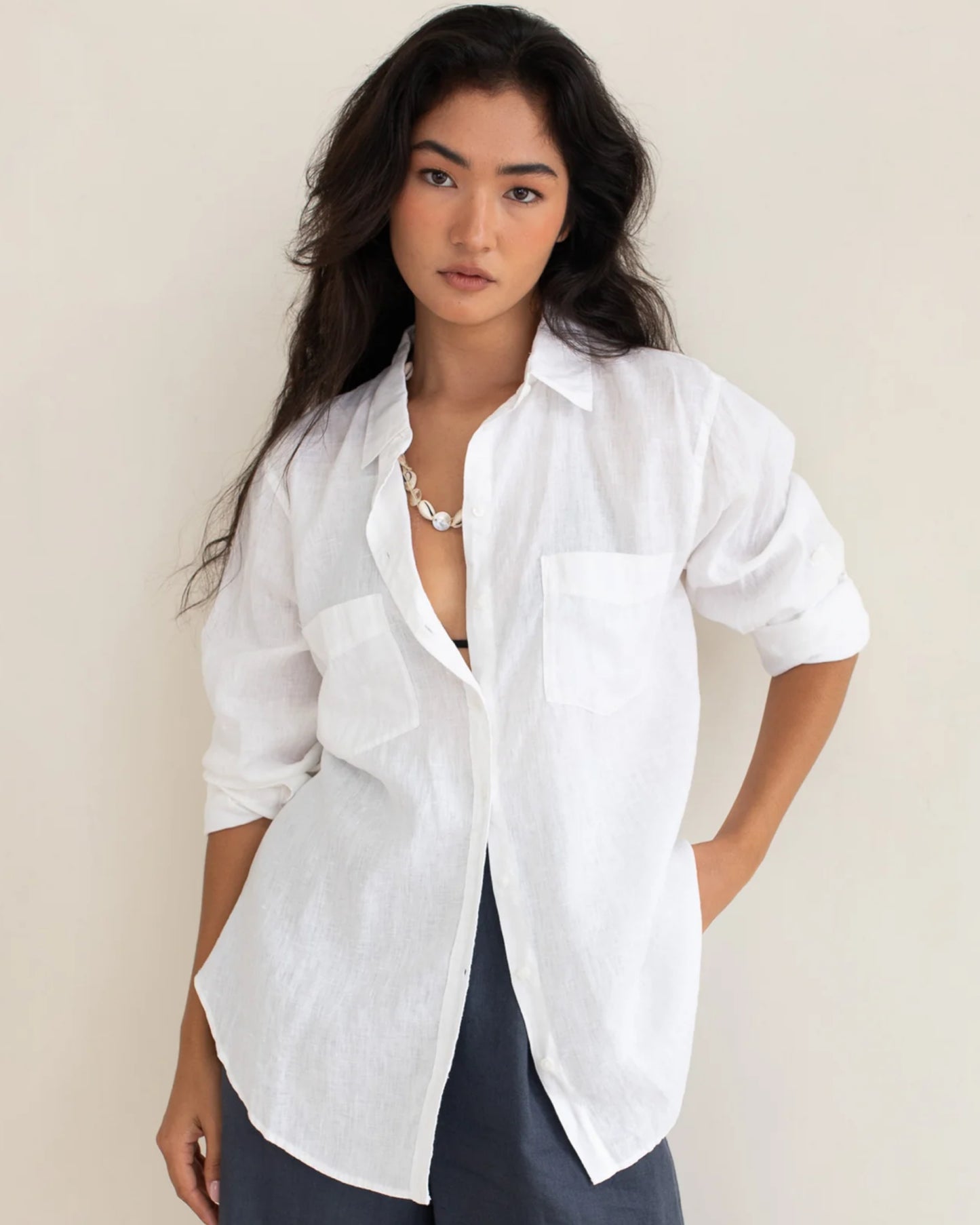 HUT - Boyfriend Linen Shirt White Two Pocket