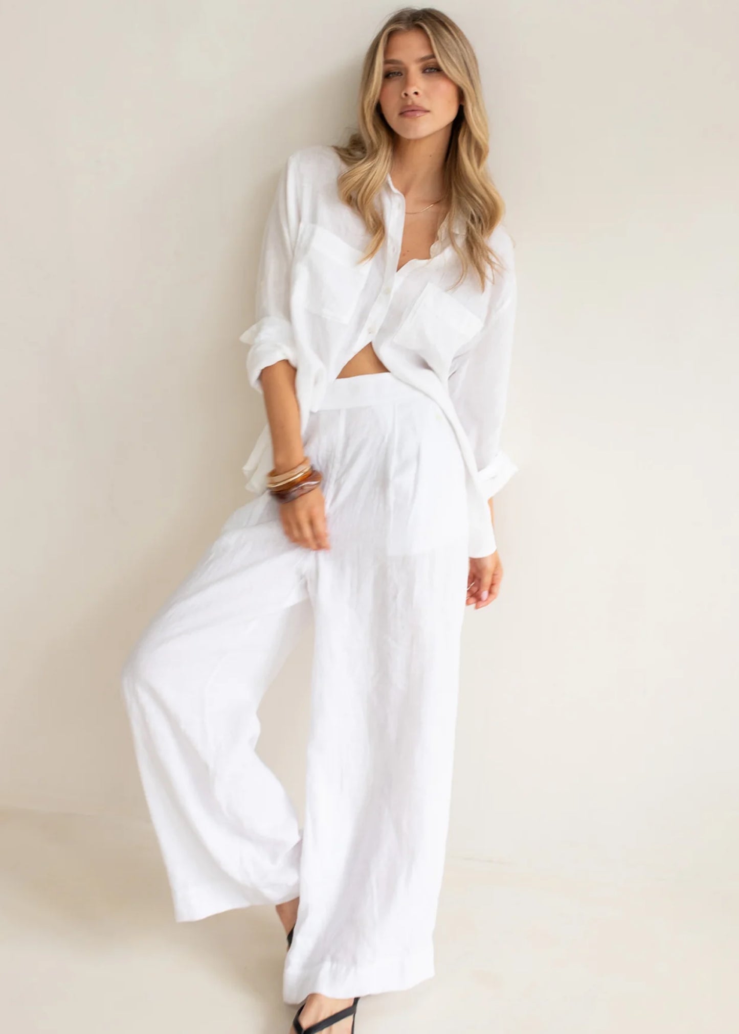 HUT - Boyfriend Linen Shirt White Two Pocket