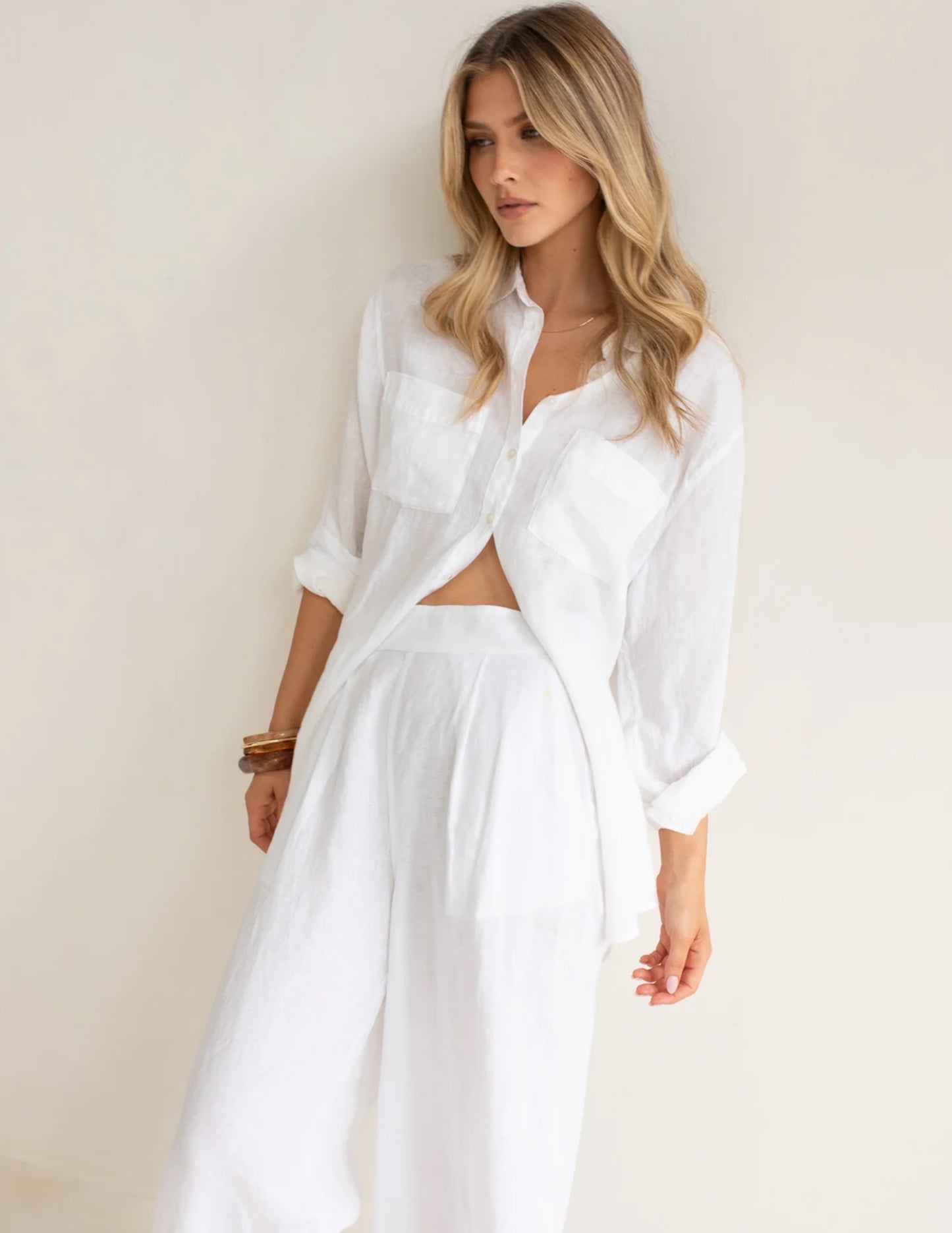 HUT - Boyfriend Linen Shirt White Two Pocket