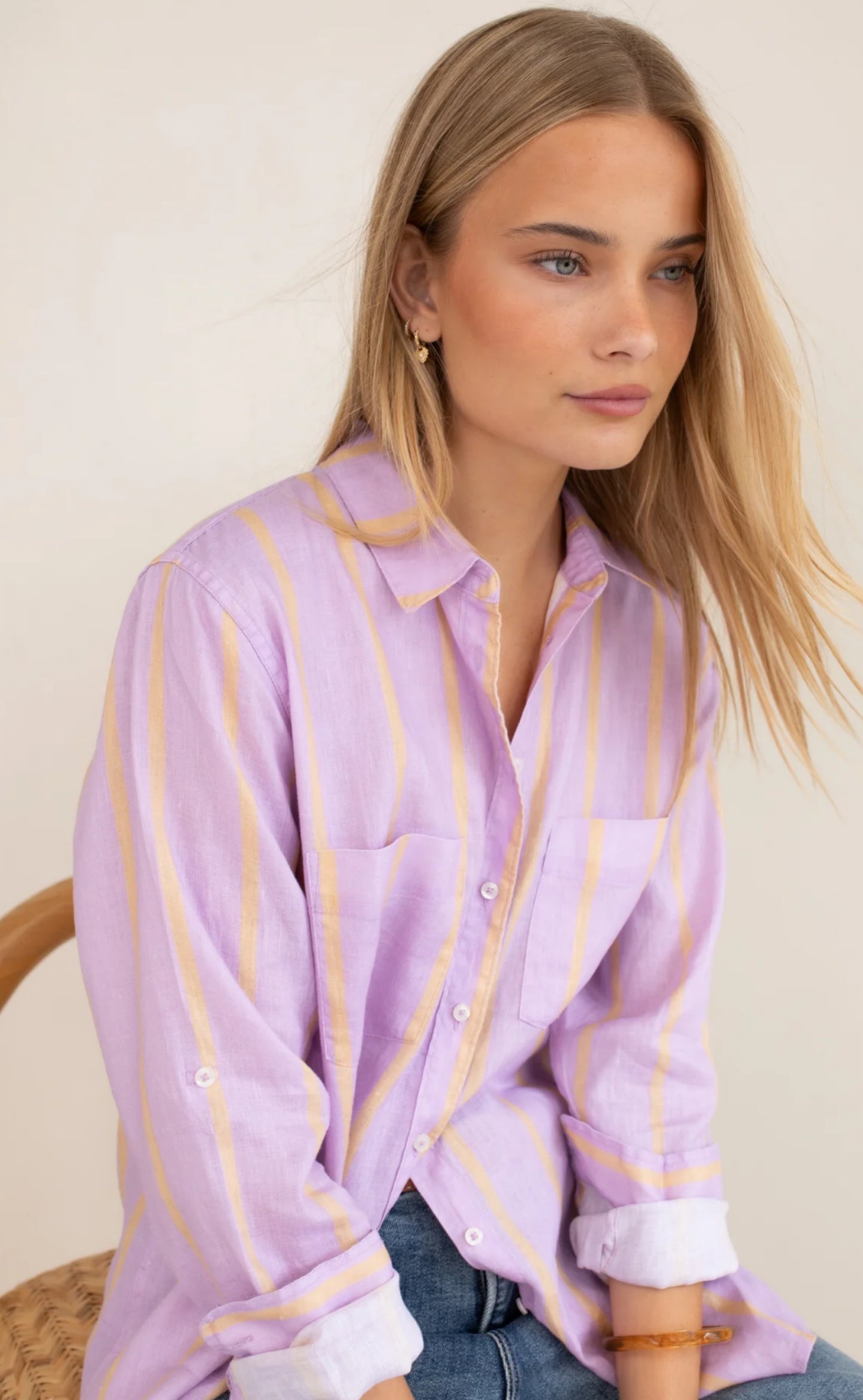 HUT - Boyfriend Linen Shirt Mauve Over Beige