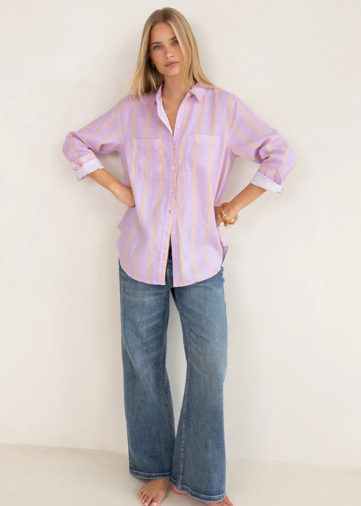 HUT - Boyfriend Linen Shirt Mauve Over Beige