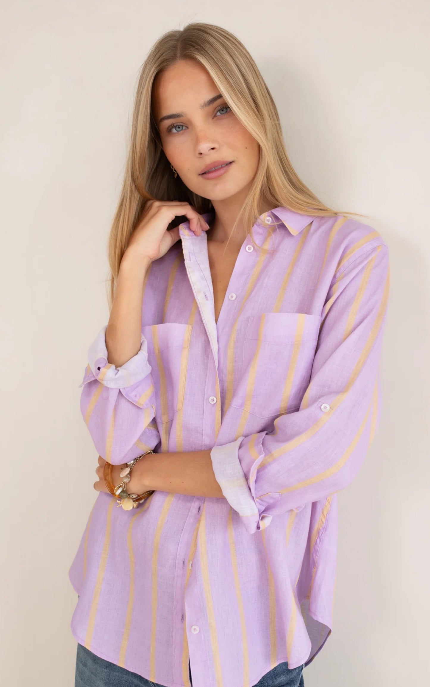 HUT - Boyfriend Linen Shirt Mauve Over Beige