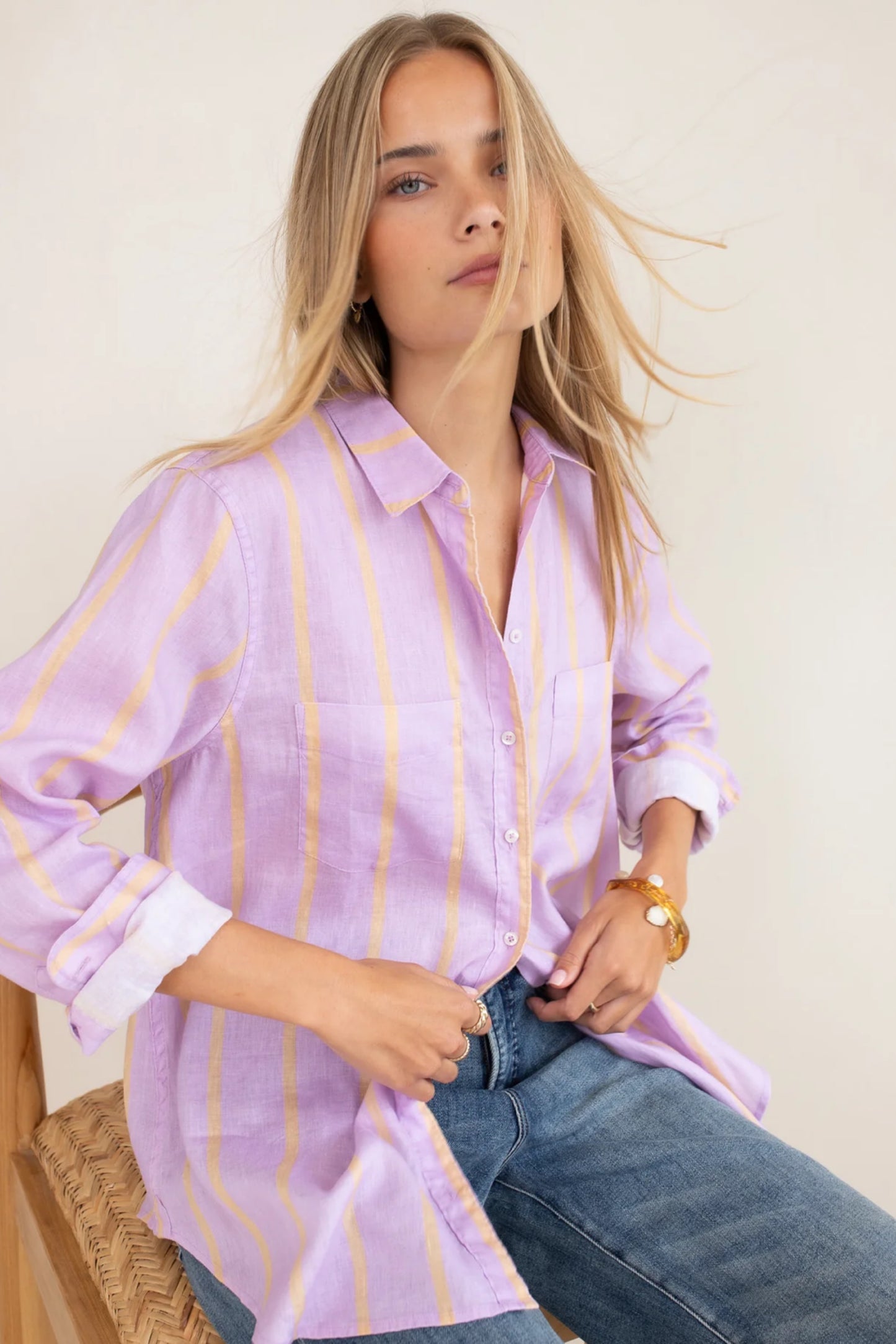 HUT - Boyfriend Linen Shirt Mauve Over Beige