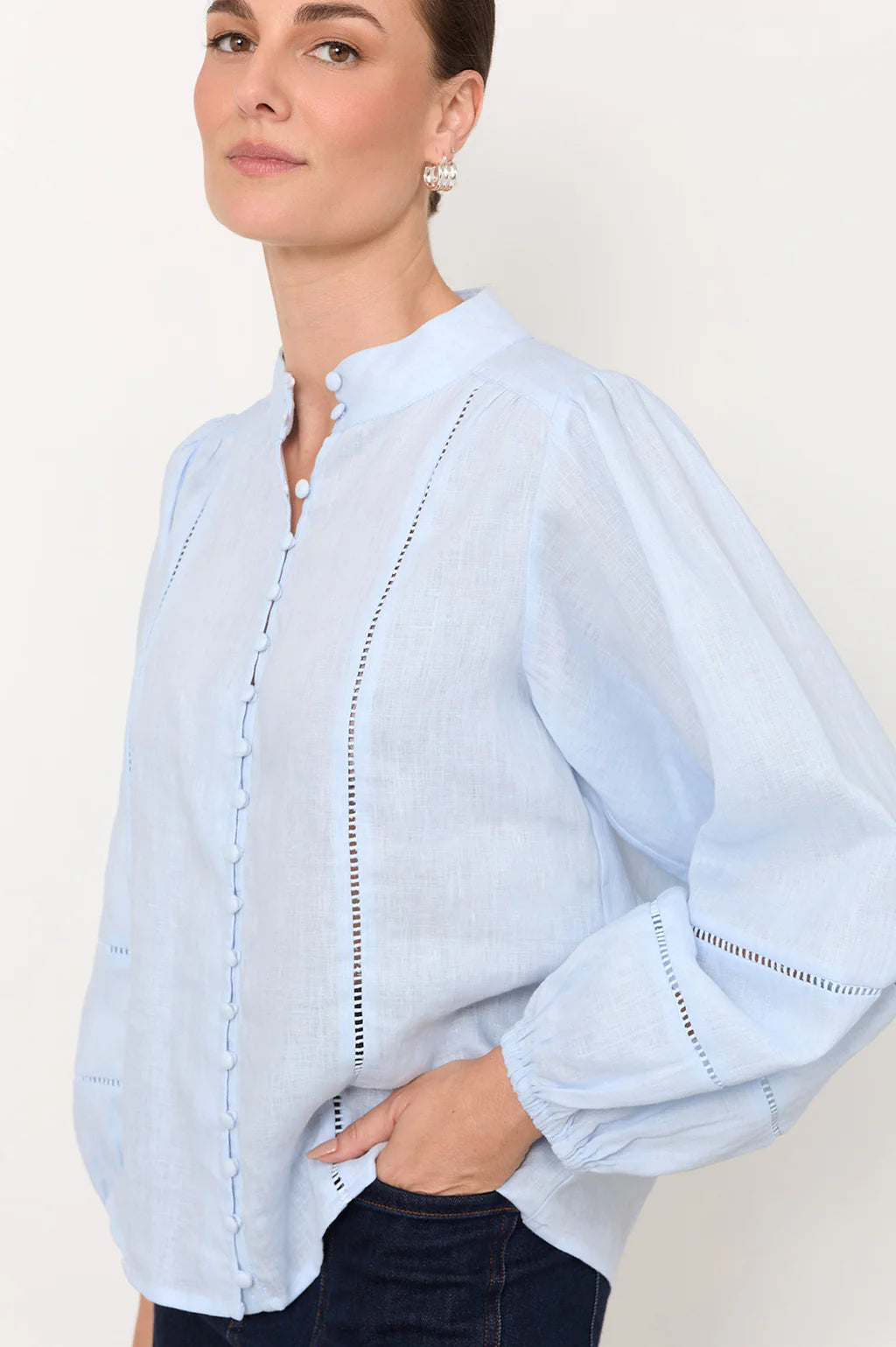 adorne - Juno Trim Detail Linen Top Light Blue