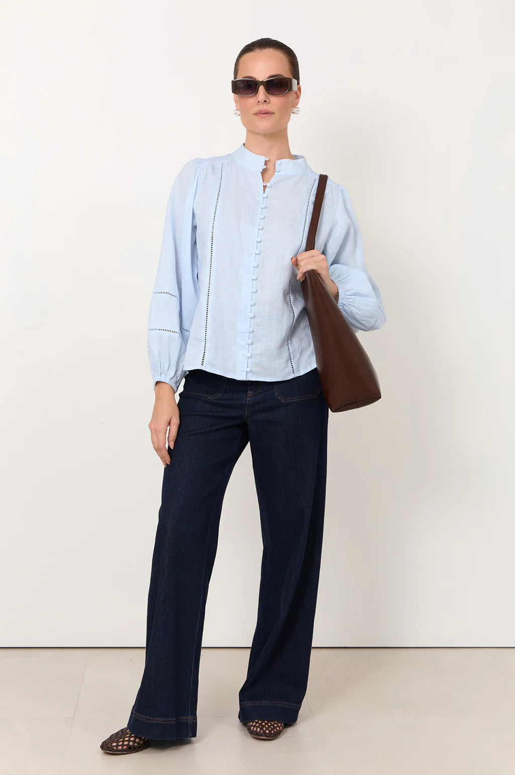adorne - Juno Trim Detail Linen Top Light Blue