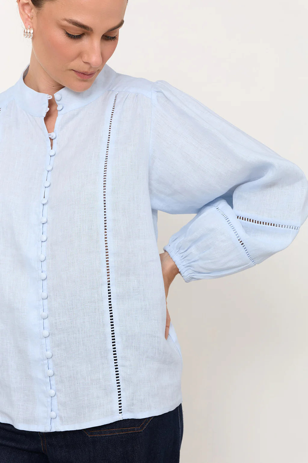 adorne - Juno Trim Detail Linen Top Light Blue