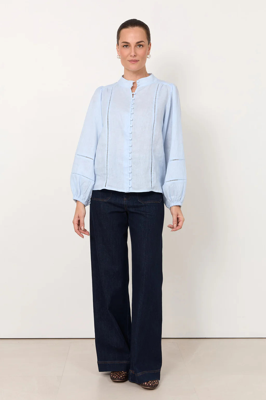 adorne - Juno Trim Detail Linen Top Light Blue