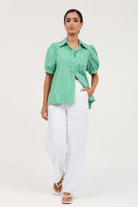 adorne - LOUISE POPLIN STRIPE SHIRT (GREEN/WHITE STRIPE)