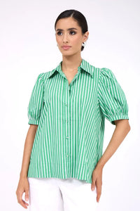 adorne - LOUISE POPLIN STRIPE SHIRT (GREEN/WHITE STRIPE)