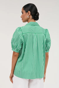 adorne - LOUISE POPLIN STRIPE SHIRT (GREEN/WHITE STRIPE)