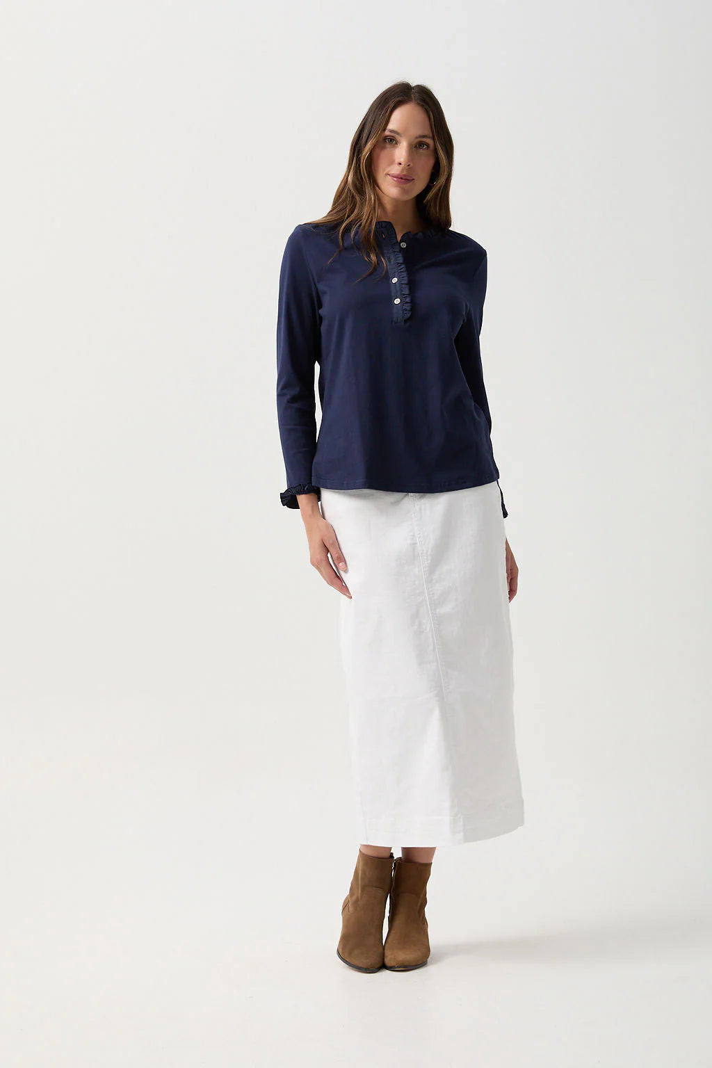 Goondiwindi Cotton - Frill Collar Long Sleeve Tee Navy