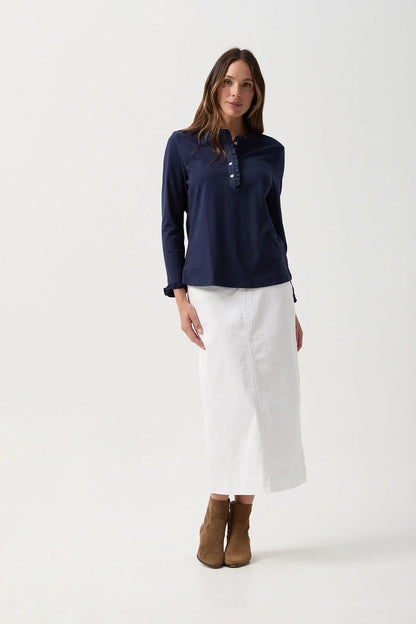 Goondiwindi Cotton - Frill Collar Long Sleeve Tee Navy
