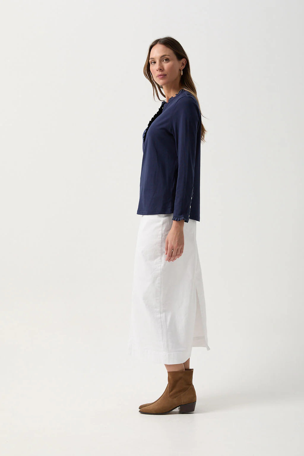 Goondiwindi Cotton - Frill Collar Long Sleeve Tee Navy