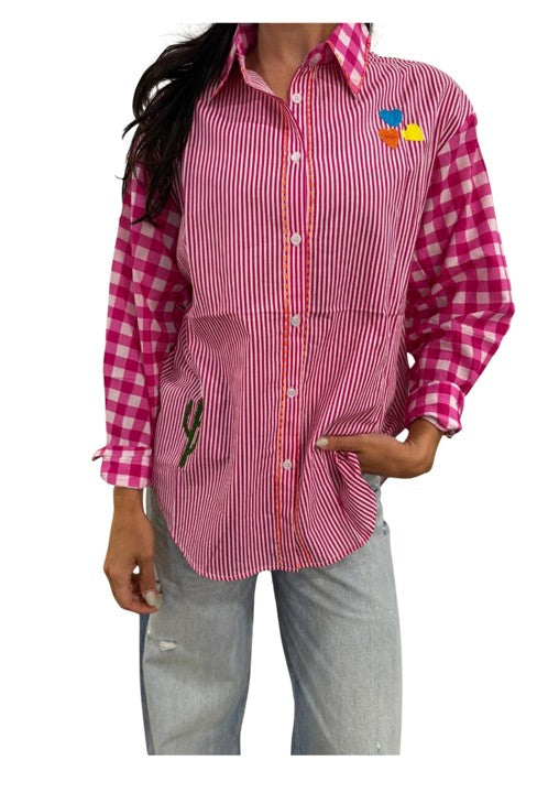ZODA - Embroidered Cotton Blouse, Hot Pink/Whte