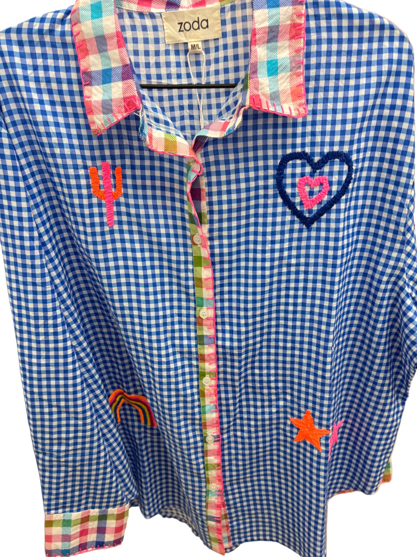 ZODA - Embroidered Cotton Blouse, Blue/White Check