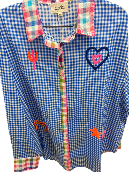 ZODA - Embroidered Cotton Blouse, Blue/White Check