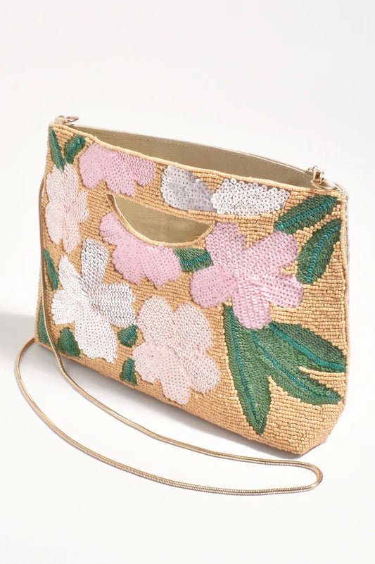 adorne - DAHLIA FLORAL BEADED CLUTCH (CAMEL/PINK)
